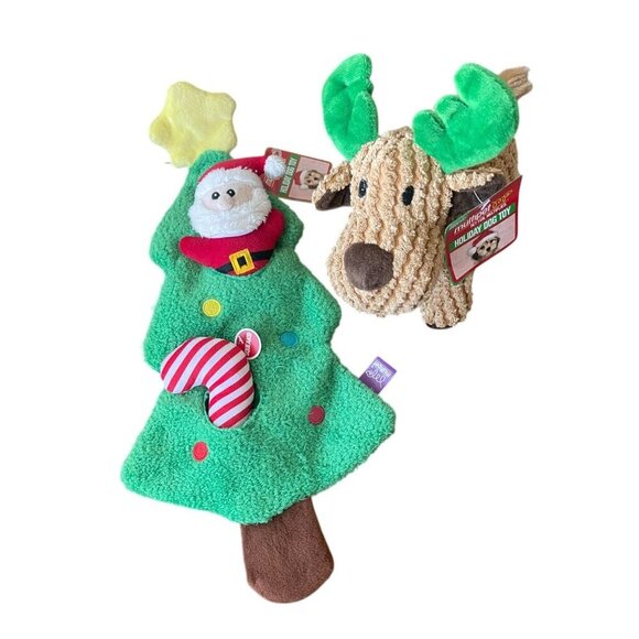 Holiday Dog Toys Set: Multipet Squeaky Plush Christmas Tree & Reindeer - Picture 1 of 9